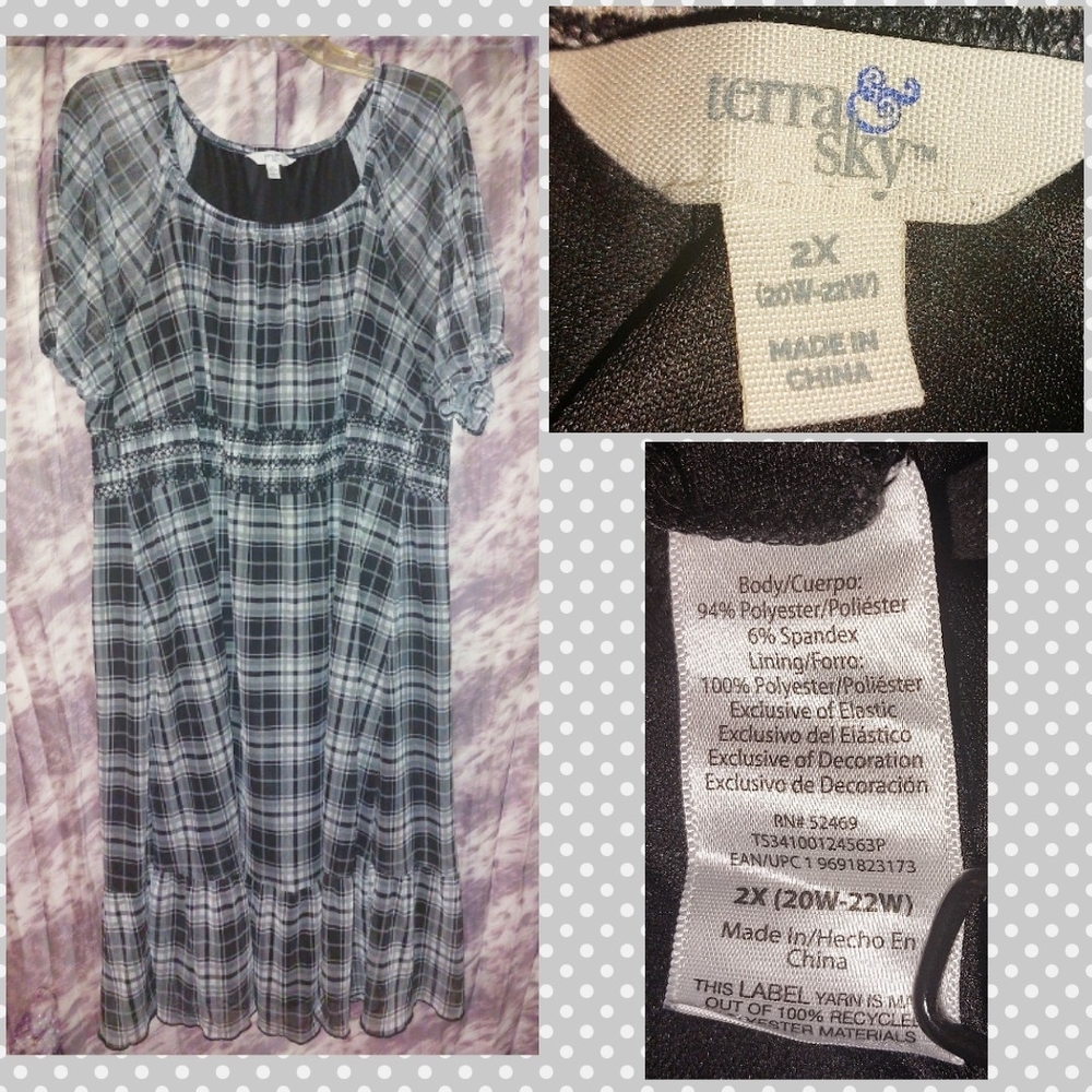 Terra & Sky brand Gray/Blk/Wht Checkered Plaid Soft Knit Midi Dress 2X(20W/22W)